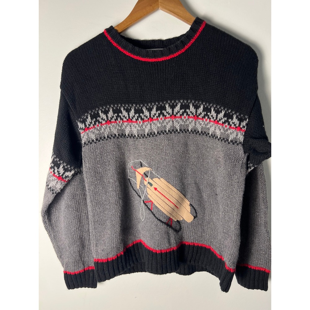 VTG Y2K Kitestrings Knit Sweater Kid 12/14 Grey Red Sled Fair Isle Holiday Crew